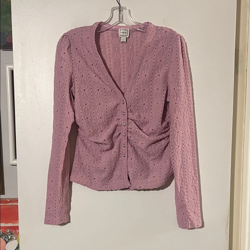 Maeve Anthropologie pink flower motif v neck cardigan